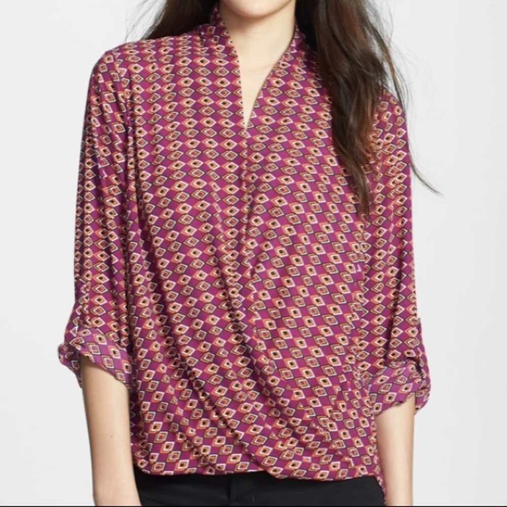 SOLD Pleione Diamond Print Surplice Wrap Blouse - Picture 1 of 12